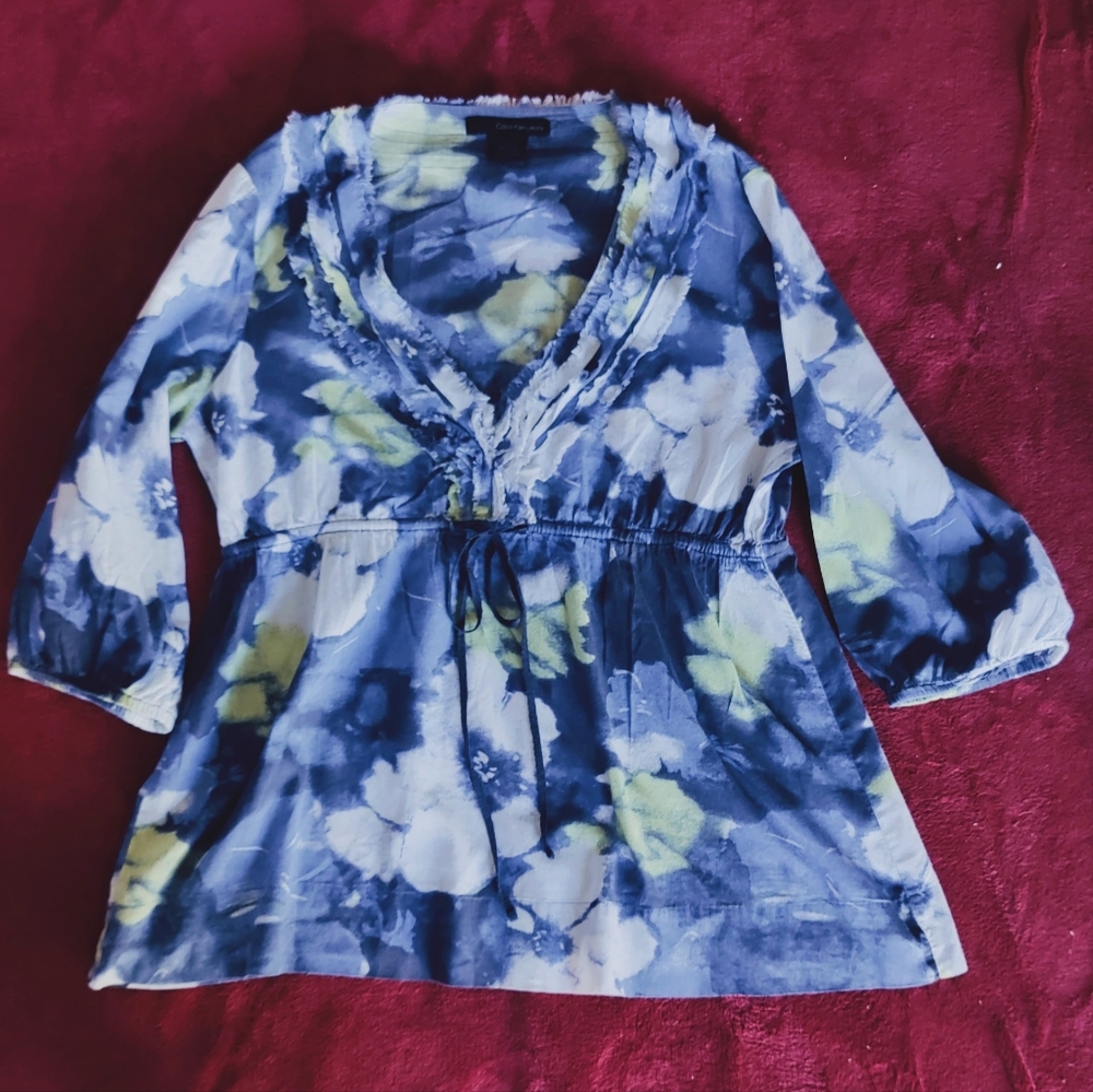 Calvin Klein Jeans Blue Yellow Bohemian Fringed Floral Blouse Sz Large